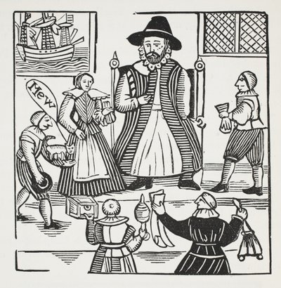Historien om Sir Richard Whittington, tre gånger Lord Mayor of London, illustration från Chap-books of the artonde århundradet av John Ashton, pub. 1882 av English School