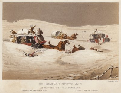 The Holyhead och Chester postar, på Hockley Hill, nära Dunstable (färg litho) av English School
