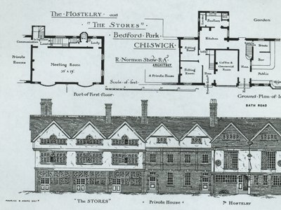 The Hostelry and The Stores, Bedford Park, Chiswick, från The Building News, 1877 av English School