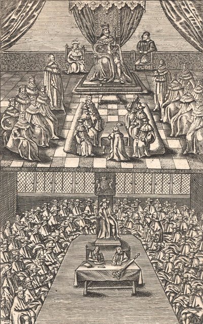 The House of Lords och House of Commons under kung Charles I, ca 1640 (träsnitt i färg) av English School