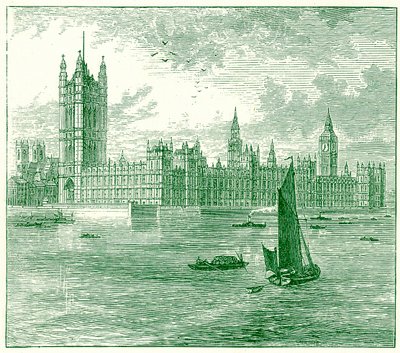 The Houses of Parliament och Westminster Abbey, illustration från The World as it Is av George Chisolm, publicerad 1885 (digitalt förbättrad bild) av English School