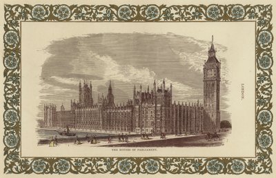 Houses of Parliament i London (färggravyr) av English School
