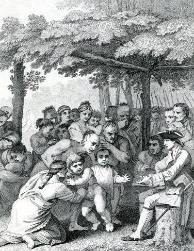 Indianerna överlämnar de engelska fångarna till överste Bouquet nära hans läger vid Forks of Muskingham i North Anerica, graverad av Canot, 1764 av English School