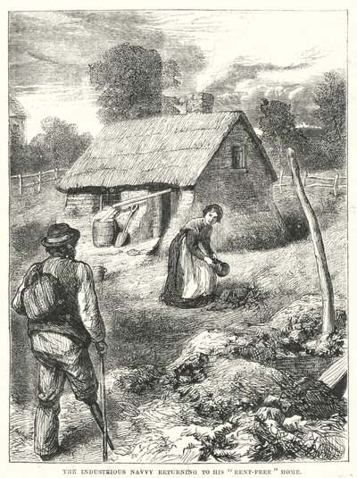 Den flitige Navvy återvänder till sitt "hyresfria" hem (gravyr) av English School