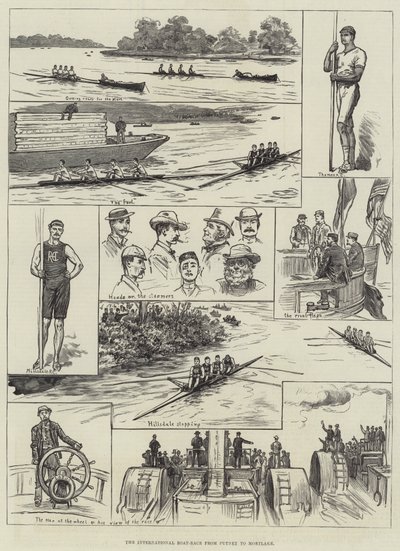 Den internationella båtkapplöpningen från Putney till Mortlake (gravyr) av English School
