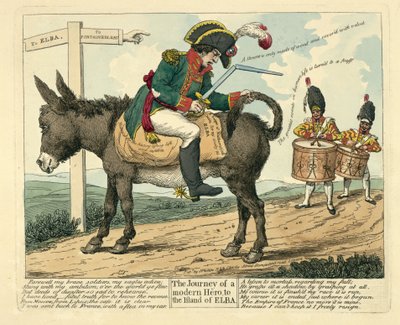 En modern hjältes resa till ön Elba, pub. London, 1814 av English School