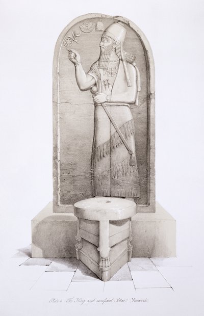 Kungen och offeraltaret, Nimrud, plåt 4 från Nineveh and its Remains av Austen Henry Layard (1817-94) publicerad 1849 av English School