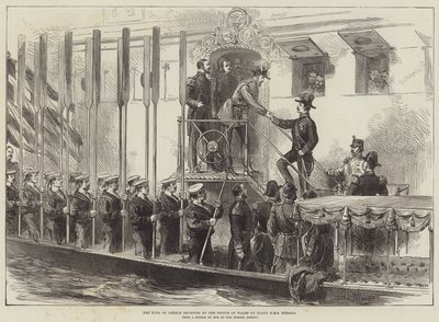 Kungen av Grekland mottogs av prinsen av Wales ombord på HMS Serapis (gravyr) av English School