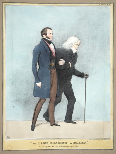 The Lame leading the Blind, pub. 1832 (färgad gravyr) av English School