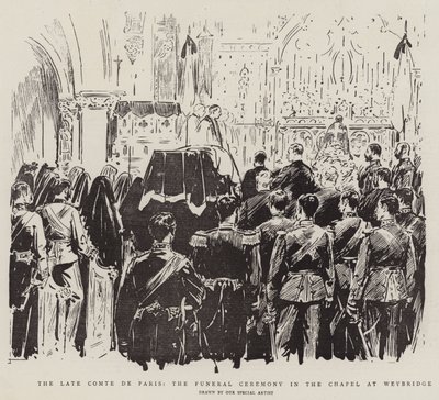 Late Comte de Paris, begravningsceremonin i kapellet i Weybridge (litho) av English School