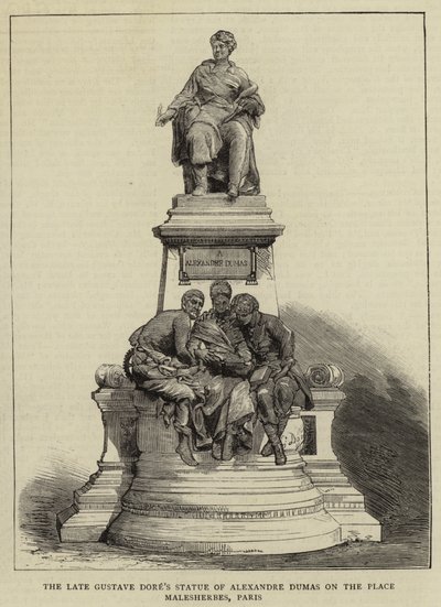 Den sene Gustave Dores staty av Alexandre Dumas på Place Malesherbes, Paris (gravyr) av English School