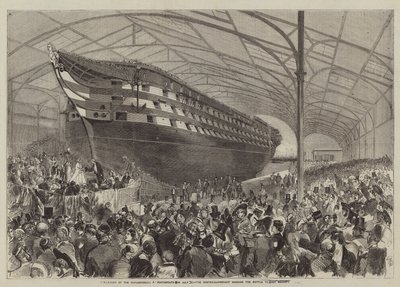 Lanseringen av Marlborough i Portsmouth den 31 juli, mästerskapsförfattaren överlämnade flaskan till Hennes Majestät (gravyr) av English School