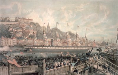 Lanseringen av ångfartyget "The Great Britain" i närvaro av H.R.H. Prins Albert (färg litho) av English School