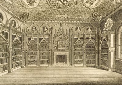 Biblioteket, graverat av Godfrey, från Description of Strawberry Hill av Horace Walpole, 1784 av English School