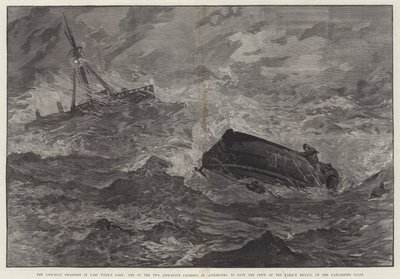 Livbåtskatastroferna i förra veckans storm, en av de två livbåtarna kapsejsade i ett försök att rädda besättningen på Barque Mexico, på Lancashire Coast (gravyr) av English School