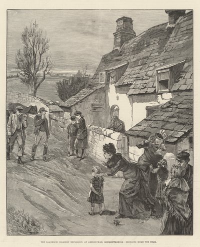 Llanerch Colliery Explosion, i Abersychan, Monmouthshire, som tar hem de döda (gravyr) av English School