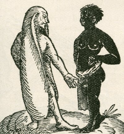 Den långörade mannen skäller ut sin tjänare. Långörade män sades bo i Afrika. De sades sova liggande på ena örat med det andra täckande dem som en filt. Från The Strand Magazine publicerad 1897. av English School