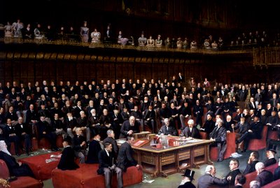 Lord Chancellor på väg att sätta frågan i debatten om hemmastyre i House of Lords, 1893 av English School