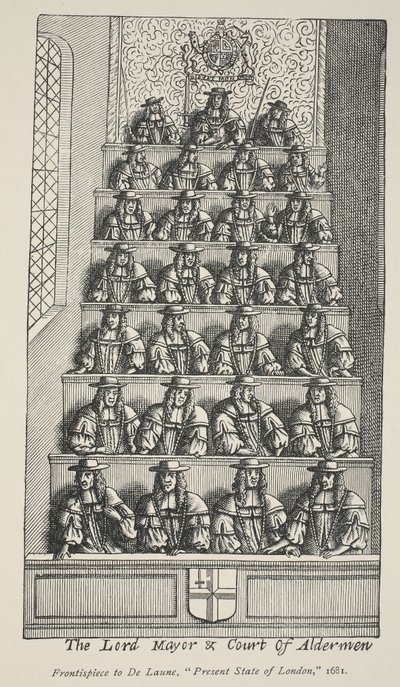 Lord Mayor and Court of Aldermen, frontispice från De Launes Angliae Metropolis, 1681 av English School