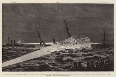 Förlusten av ankarlinjen SS "Utopia" utanför Gibraltar, fartyget sjunker cirka tio minuter efter att ha förorenat Ramen på HMS "Anson" (gravyr) av English School