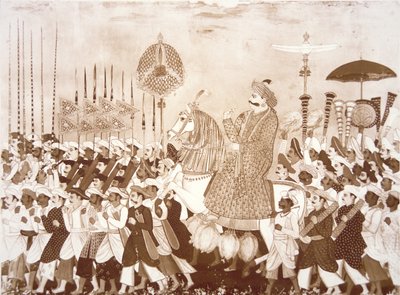 Mahratta-hövdingen Tulsaji av Tanjore (färg litho) av English School