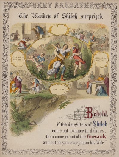 Jungfrun av Shiloh överraskade (färgad gravyr) av English School