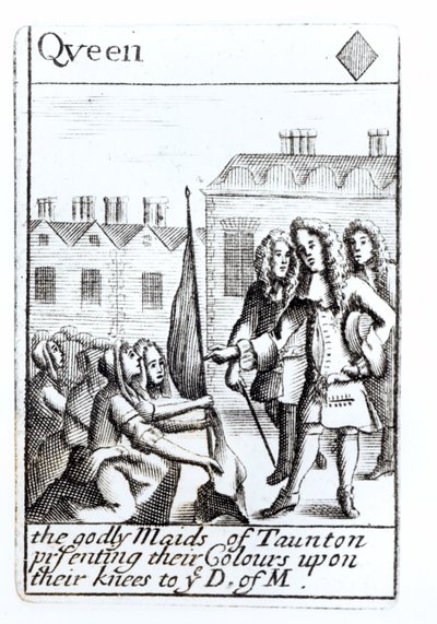 The Maids of Taunton knästående inför hertigen av Monmouth, 18 juni 1685, Queen of Diamonds spelkort från en uppsättning till minne av Monmouths Rebellion av English School