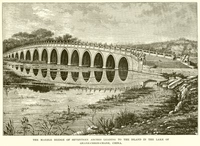 Marmorbron med sjutton bågar som leder till ön i sjön Onane-Cheon-Chane, Kina (gravyr) av English School