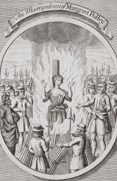 Margeret Polleys martyrdöd i Tunbridge, ur "The Burning of the Martyrs", publicerad 1741 (litografi) av English School
