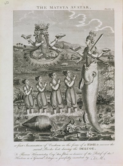 Matsya-avataren, eller den första inkarnationen av Vishnu i form av en fisk för att återvinna de heliga böckerna som gick förlorade under syndafloden, graverad av Barlow av English School