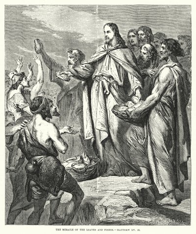 Brödernas och fiskarnas mirakel, Matteus XV, 36 (gravyr) av English School