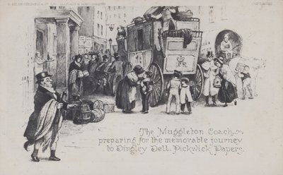 The Muggleton Coach, förbereder sig för den minnesvärda resan till Dingley Dell, Pickwick Papers (s/v foto) av English School
