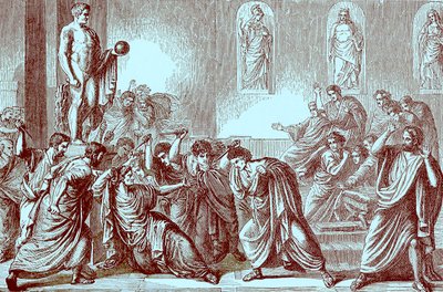 Mordet på Julius Caesar, illustration från The Illustrated History of the World, publicerad ca 1880 (digitalt förbättrad bild) av English School