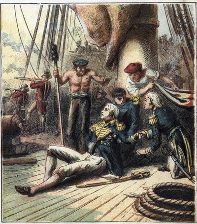 Napoleonkriget: Slaget vid Trafalgar, den 21/10/1805, där den fransk-spanska flottan under amiral Villeneuve ställdes mot den brittiska flottan under viceamiral Nelson. Han dog där. "Slaget vid Trafalgar av English School