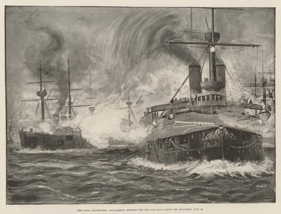 Sjömanövrarna, förlovning mellan den röda och blå flottan utanför Holyhead, 31 juli (litho) av English School