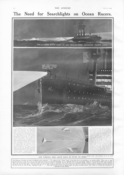 The Need for Searchlights on Ocean Liners, från The Sphere, 27 april 1912 av English School