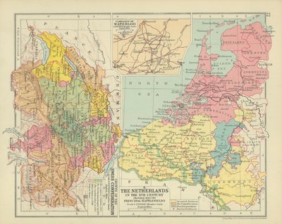 Nederländerna under 1600-talet, med de viktigaste slagfälten (färglitografi) av English School