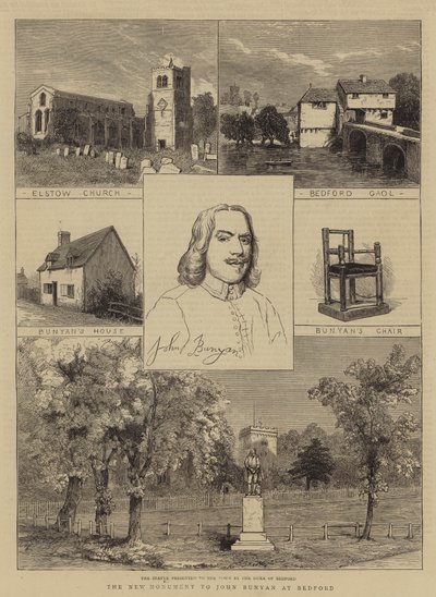 Det nya monumentet till John Bunyan i Bedford (gravyr) av English School