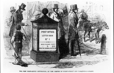 The New Post-Office Letter-Box, i hörnet av Fleet Street och Farringdon Street, från The Illustrated London News, 24 mars 1855 av English School