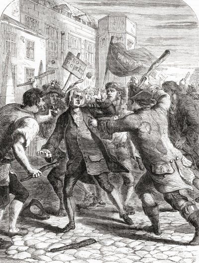 "No-Popery"-upprorsmakarna attackerade parlamentsledamöter i Palace Yard, Westminster, London, England under Gordon Riots 1780. av English School