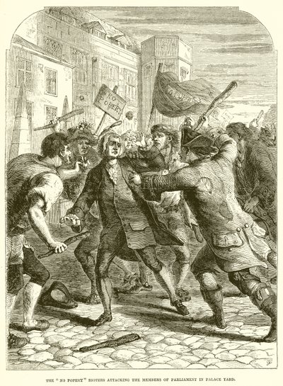 No Popery Rioters attackerar ledamöterna av parlamentet i Palace Yard av English School