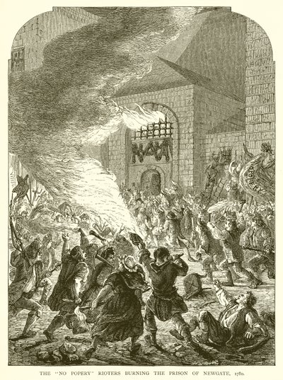 The No Popery Rioters bränner fängelset i Newgate, 1780 av English School