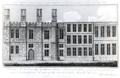 The North Front of Manor House at Chelsea byggd av kung Henry VIII, graverad av J. Barlow, en illustration i A Historical and Topographical Account of Chelsea and its Environs av Thomas Faulkner, av English School