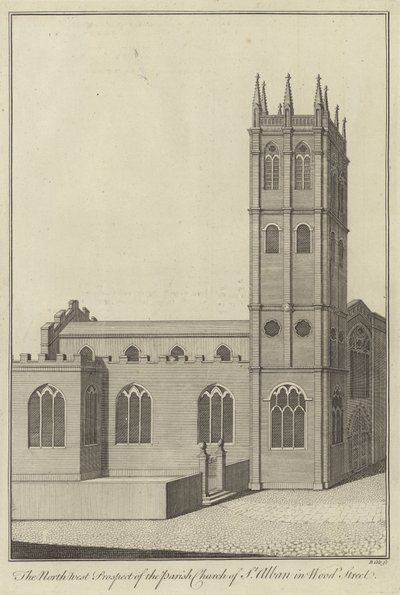 North West Prospect av Parish Church of St Alban i Wood Street, London av English School
