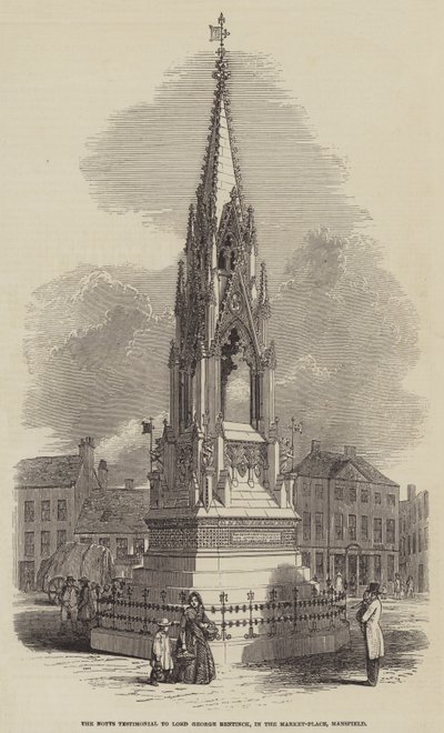 The Notts vittnesmål till Lord George Bentinck, på Market-Place, Mansfield (gravyr) av English School