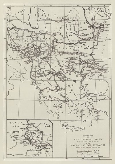 De officiella kartorna över fredsfördraget, undertecknade i San Stefano, 3 mars 1878 (gravyr) av English School