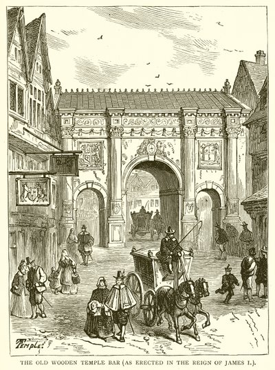 The Old Wooden Temple Bar (som uppfördes under Reign of James I) av English School