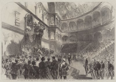 Öppnandet av det nya italienska parlamentet av Victor Emmanuel den 18:e Ult (gravyr) av English School