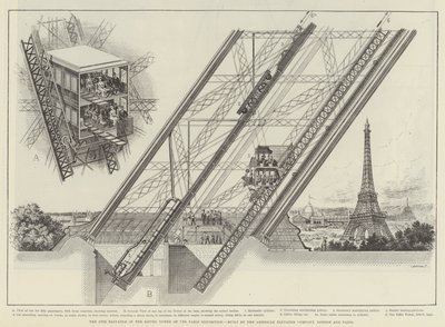Otis-hissen i Eiffeltornet på Paris-utställningen, byggd av American Elevator Company, London och Paris (gravyr) av English School