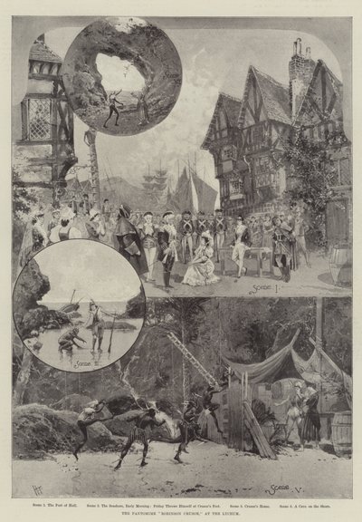 Pantomimen "Robinson Crusoe," på Lyceum (litho) av English School